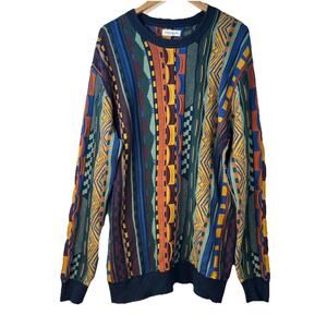 Retro PacSun Coogi Style Sweater 3D Textured Multicolor Cosby Biggie 90s Sz L
